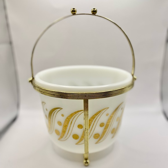 *VINTAGE* MCM Milk Glass & Gold Ice Bucket in Stand With Sugar & Creamer Set - Picture 2 of 5